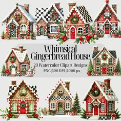 christmas gingerbread house clipart set with red and white checkered houses, holly wreaths