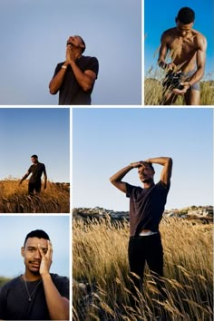 a man standing in a field with his hands on his head and other pictures of him