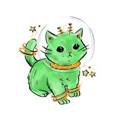 a drawing of a green cat with stars around it's neck and wearing a collar