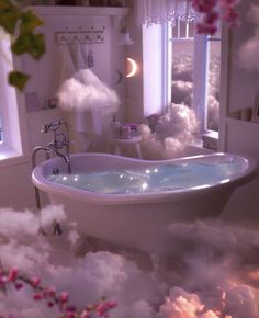 a bathtub in the middle of some clouds with lights on it and pink flowers