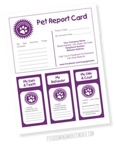 the pet report card is shown in purple and white, with three different images on it