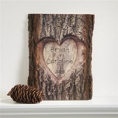 a heart carved into the bark of a tree is displayed on a mantle next to a pine cone