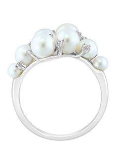 Flanked in classy pearls and sparkling diamonds, this cluster ring from Effy adds eye-catching appeal to your ensemble. | Effy 1/10 ct. t.w. Diamond and Freshwater Pearl Cluster Ring in 14K White Gold, 7 Elegant White Gold Cluster Ring, White Cluster Ring For Formal Occasions, Formal White Cluster Ring, White Cluster Pearl Ring For Wedding, Classic Cluster Pearl Ring For Wedding, Classic Wedding Pearl Ring With Cluster Shape, Cluster Pearl Wedding Ring, Elegant Cluster Pearl Ring For Formal Occasions, Elegant Cluster Ring For Formal Occasions