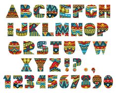 an alphabet made up of colorful african print letters and numbers, including the lower case