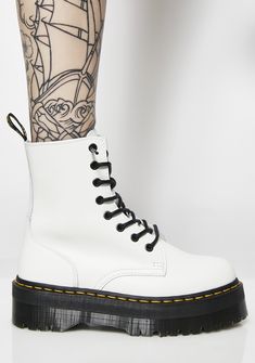 Dr. Martens White Jadon 8 Eye Boots got ya stompin out the haterz. These sikk af white boots have thikk platform soles, contrasting yellow stitching, and lace-up front closures. White Jadon, Dark Lifestyle, Bratz Boots, Dr Martens Jadon Boots, White Leather Booties, White Platform Boots, Jadon Boots, Dr Martens White, Dr Martens Jadon