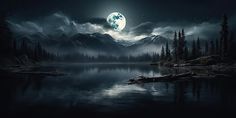 a full moon over a mountain lake in the night