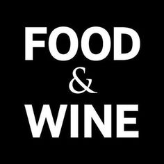 the words food and wine written in white on a black background