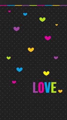 the word love written in multicolored hearts on a black background with polka dots