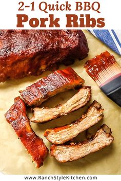 pork ribs with bbq sauce on top and the words, 2 - 1 quick bbq pork ribs