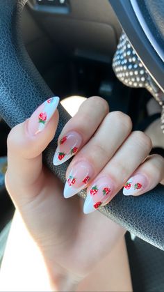 almond shaped french tip nails with strawberries French Strawberry Nails, Cute Nails Almond Shape Aesthetic, Almond Nails Designs Strawberry, Kawaii Nails Acrylic Almond, French Tip With Strawberry, Spring Nails Almond Shape French Tip, Nail Ideas Almond Shape French Tip, Cute Spring Nails Almond Shape, Strawberry Nails Ideas