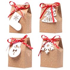 four brown bags with tags and bows tied around them, each containing a snowman ornament