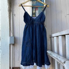 Nwt Dollhouse Denim Dress, Size M. 100% Cotton. Super Cute & Fun! Adjustable Straps To Fit. White Lacy Trim On Bottom Hem. Perfect For Any Occasion. Indigo Cotton Mini Dress, Vintage Blue Cotton Mini Dress, Vintage Cotton Dress In Dark Wash, Vintage Cotton Denim Mini Dress, Cotton Denim Blue Sundress, Denim Blue Cotton Sundress, Vintage Denim Mini Dress, Jeans And Leather Jacket, Dress With Jeans