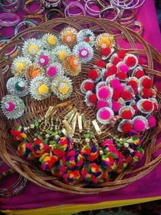 a basket filled with lots of different colored items