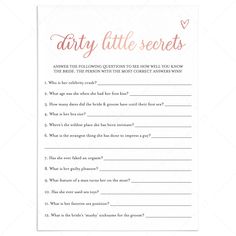 a printable party game with the words dirty little secrets written in pink on it