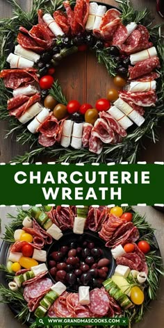 an assortment of meats and cheeses on a platter with the words charcuterie wreath above it