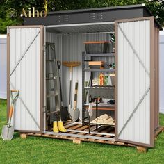 an outdoor storage shed with tools in it