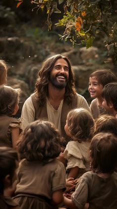 a man with long hair and beard surrounded by small children