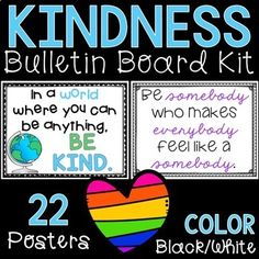 a bulletin board with the words kindness and an image of a rainbow heart