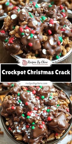 This easy Crockpot Christmas Crack is the ultimate sweet and salty treat made in a slow cooker! With peanuts, pretzels, Rice Chex, and a mix of chocolates, it's perfect for holiday parties or gifting. Add festive sprinkles for a seasonal touch!  Ingredients:  1 lb salted dry-roasted peanuts 🥜 2 cups mini pretzels 🥨 12 oz semi-sweet chocolate chips 🍫 2 x 24 oz packages white almond bark 🍬  Sweet, crunchy, and perfectly balanced with salty notes—this holiday candy is a festive favorite that’s both easy and delicious! Crockpot Party Mix Recipes, Homemade Desserts For Gifts, Chocolate Chex Mix Recipes Christmas, Crockpot Xmas Candy, Crockpot Bark Candy, White Chocolate Pretzel Bark Christmas Candy, Crockpot Chocolate Pretzel Clusters, Pretzel Crockpot Candy Recipe, Chocolate Peanut Crockpot Candy