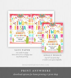 two fiesta themed birthday party cards with the text, two fiestas and a cactus