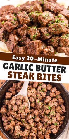 Easy 20-Minute Garlic Butter Steak Bites Butter Steak Bites Recipe, Garlic Butter Steak Bites, Butter Steak Bites, Steak Dinner Recipes, Steak Bites Recipe, Baked Steak, Butter Steak, Garlic Butter Steak, Steak Butter