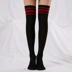 Black Over The Knee Socks With 3 Red Stripes On The Top Band. Subtle, Sophisticated, Sexy. One Size Fits Most. White Lace Boots, Animal Print Socks, Lace Boot Cuffs, Thigh High Stocking, Red Stripes Top, Cable Knit Leg Warmers, Red Black Style, Knit Leg Warmers, Top Band