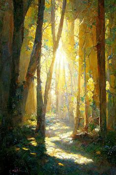 a painting of sunlight shining through the trees