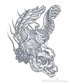 an owl flying over a skull with wings