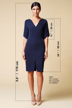 "A midi dress featuring v-neckline, fabric belt, and a front slit. - v-neckline - midi length - half sleeve - fabric belt - semi-fitted silhouette - concealed back zipper closure color: navy Fabric: viscose - 35%, elastane - 5% , polyester 60%. Our model wears size S (06) and is 177cm/5'9\" tall. For Size S (6 US): dress length - 40'' (101cm) MORE DRESSES: https://www.etsy.com/shop/TAVROVSKA?ref=hdr_shop_menu SIZE CHART EU 32 __ US 2 bust: 30,5\" | 77 cm waist: 23,5\" | 59 cm hips: 33,5\" | 85 c Simple Modest Dresses, Fall Dress Women, Women With Sleeves, Dress Smart Casual, Blue V Neck Dress, Smart Casual Dress, Office Dresses For Women, Uniform Dress, Womens Fall Dress