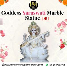 an advertisement for the goddess saraswati marble statue in white and pink with flowers around it