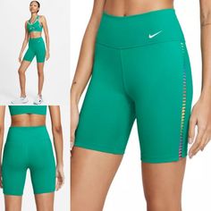 Mid-Rise, Tight Fit, Rainbow Ladder Side, Mid Back Key Pocket, 79% Polyester/21% Spandex Blend, Nwt ** Matching Sports Bra Sold Separately On Another Listing Nike Green, Nike Shorts, Shorts Athletic, Athletic Shorts, Nike Women, Sports Bra, Spandex, Tights, Bra