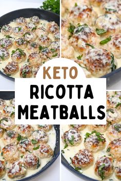 three images show how to make keto ricotta meatballs in a cast iron skillet