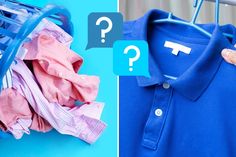 a blue shirt with question marks on it next to a pile of shirts hanging from a clothes rack