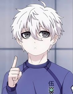 an anime character with white hair pointing to the side