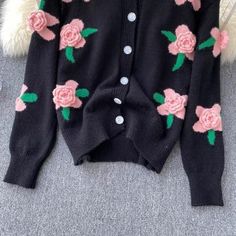 Casual Winter Cardigan With Floral Embroidery, Winter Pink Cardigan With Floral Embroidery, Pink Floral Embroidery Cardigan For Winter, Pink Floral Embroidered Winter Cardigan, Winter Floral Embroidered Knit Cardigan, Winter Vintage, Rose Embroidery, Make Up Your Mind, Vintage Knitting