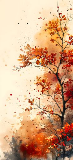 a painting of an autumn tree with red leaves