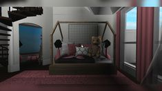 a teddy bear sitting on top of a bed in a room with red carpeting