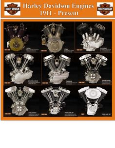 the harley davidson engines 1911 - present is shown in an orange and white poster with black lettering