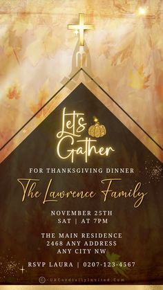 Thanksgiving Dinner Golden Cross Video Invitation featuring an animated white pumpkin with gold neon accents for an elegant digital celebration. Church Thanksgiving Flyer Design, Dinners Family, Thanksgiving Videos, Thanksgiving Drawings, Thanksgiving Dinners, Golden Cross, Dinner Invitation Template, Unique Thanksgiving, Autumn Tones