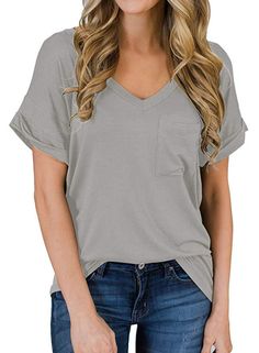 Haute Edition Women's Loose Relaxed Fit V-Neck Summer Top T-Shirt With Pocket Grey Leopard Print, Ladies Tee Shirts, Loose Fitting Tops, Plain Shirts, Spring Shirts, Loose Tops, Sleeves (women), Sleeves Pattern, Primavera Estate