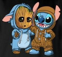 two cartoon characters standing next to each other on a black t - shirt with an image of baby groote