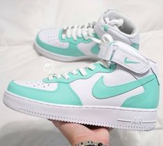 Mint Green Custom Air Force 1 Low/Mid/High Sneakers - Sneakers Joy's Af1 Mid, Custom Nike Air Force 1, Fluffy Boots, Painted Nikes, Custom Painted Shoes, Nike Air Force 1 Mid, Pretty Shoes Sneakers, Custom Air Force 1, Green Sneakers