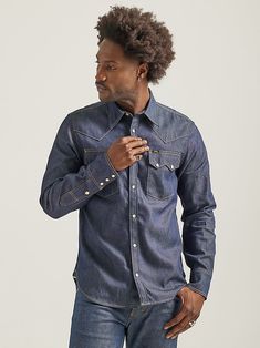 Fitted Denim Shirt With Button Closure, Fitted Denim Blue Shirt With Button Closure, Western Style Denim Blue Cotton Shirt, Dark Wash Long Sleeve Shirt For Rodeo, Classic Slim Fit Denim Shirt, Slim Fit Denim Shirt With Button Closure, Classic Fitted Dark Wash Shirt, Relaxed Fit Cotton Shirt For Rodeo, Fitted Button-up Dark Wash Shirt