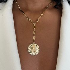 A Italian mixed-link chain and hammered initial pendant give this lariat both polish and edge. Use the adjustable clasp to wear it longer on your neck, layered with shorter chains and chokers. - Gold vermeil; sterling silver- Personalized- 16/17" chain length- 2" drop- 1.25" pendant- 3/4" initial- Lobster clasp closure Elegant Hammered Link Necklace, Silver Gold-plated Initial Necklace With Adjustable Chain, Chic Gold Chain Necklace With Initial Pendant, Hammered Link Necklace For Gift, Chic Gold Initial Pendant Chain Necklace, Gold Chic Initial Pendant Chain Necklace, Elegant Gold Initial Necklace With Paperclip Chain, Gold Sterling Silver Lariat Chain Necklace, Gold Sterling Silver Lariat Necklace With Adjustable Chain