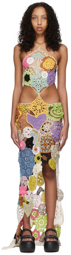 Handcrafted open crocheted dress. · Cut-outs at front · Asymmetric hem · Self-tie fastening at open back Supplier color: Multicolor Leather Crochet, Crochet Leaf Patterns, Crocheted Dress, Runway Fashion Couture, Crochet Shoulder Bag, Diy Clothes Design, Needle Crafts, Crochet Maxi Dress, Model Inspo