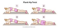 a woman doing plank hip twist on a mat with the instructions to do it in front