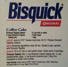 a box of bisquick coffee cake sitting on top of a counter