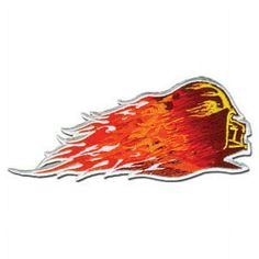 a red and yellow fire sticker on a white background