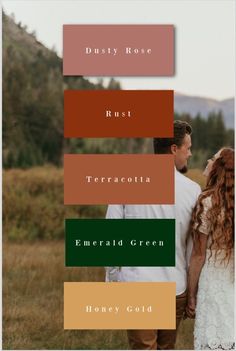 a couple standing next to each other in a field with the words dusty rose rust terracotta emerald green honey gold