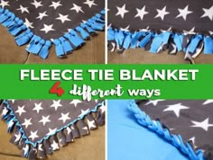 four different ways to make a blanket with fringes and stars on the fabric, including one